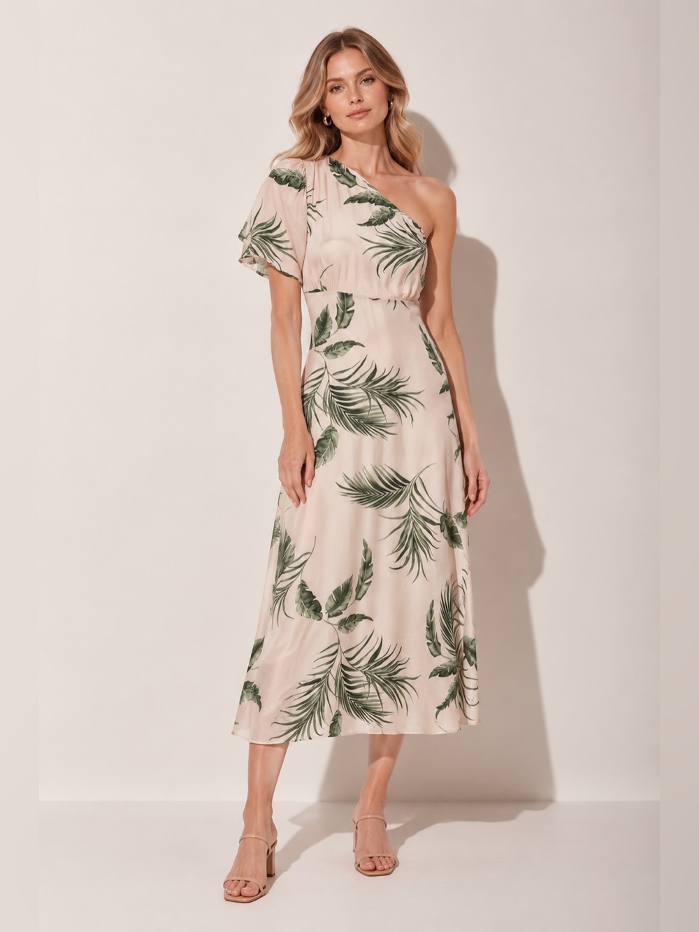 KAOS One Shoulder Tropical Palm Print Midi Dres Beige Botanical Resort Wedding S - Picture 2 of 9